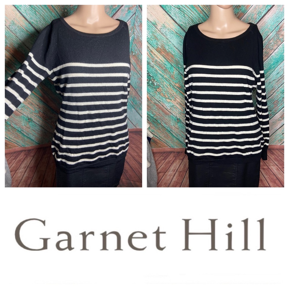 Garnet Hill Merino Wool Striped Crew Neck Lightweight Sweater - Picture 1 of 4